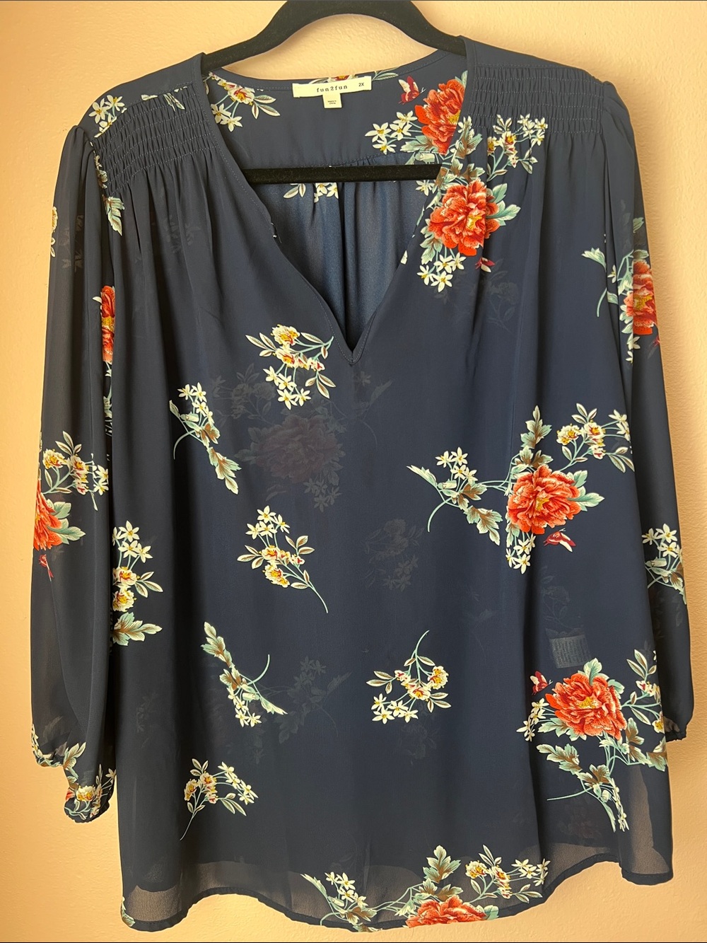 fun 2 fun Navy Floral V-Neck Blouse with Red Blooms - Picture 1 of 3